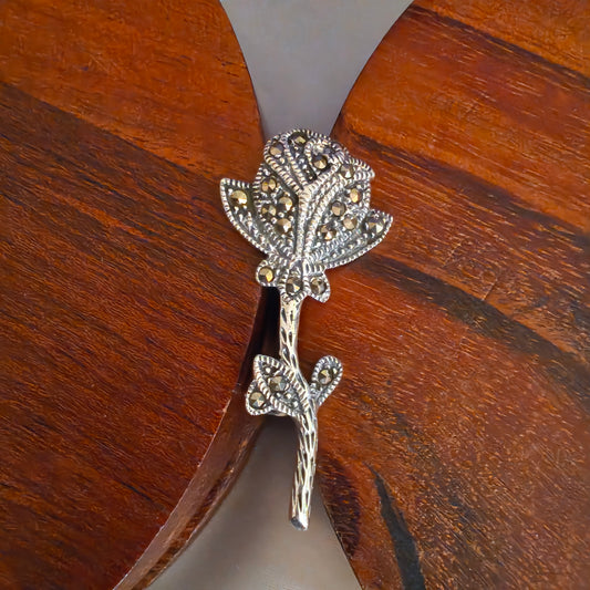 925 Vintage Intricate Elegant Silver Marcasite Rose Pendant Brooch