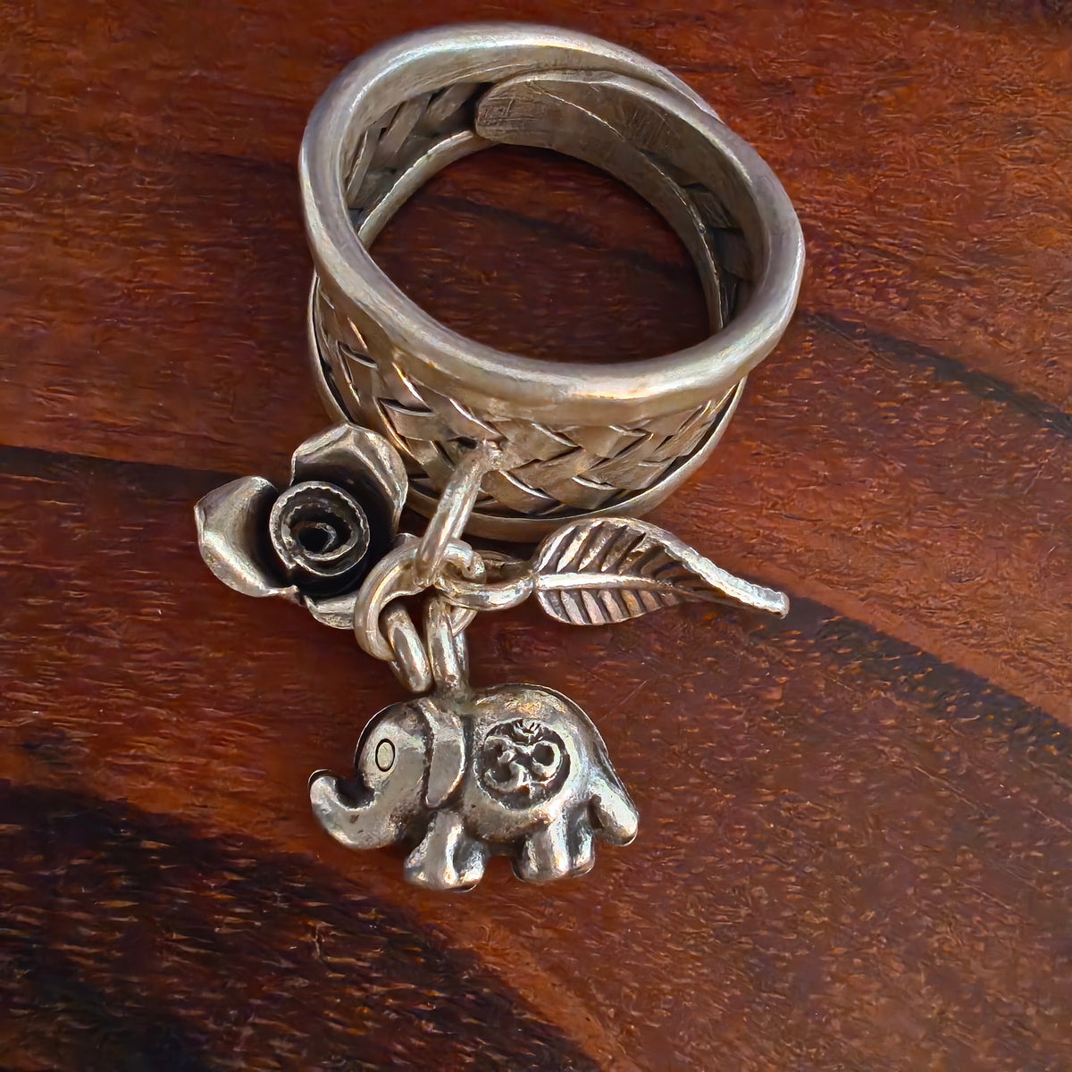 Boho Braided Adjustable Sterling Silver Ring With Elephant Flower Rose Leaf Charms
