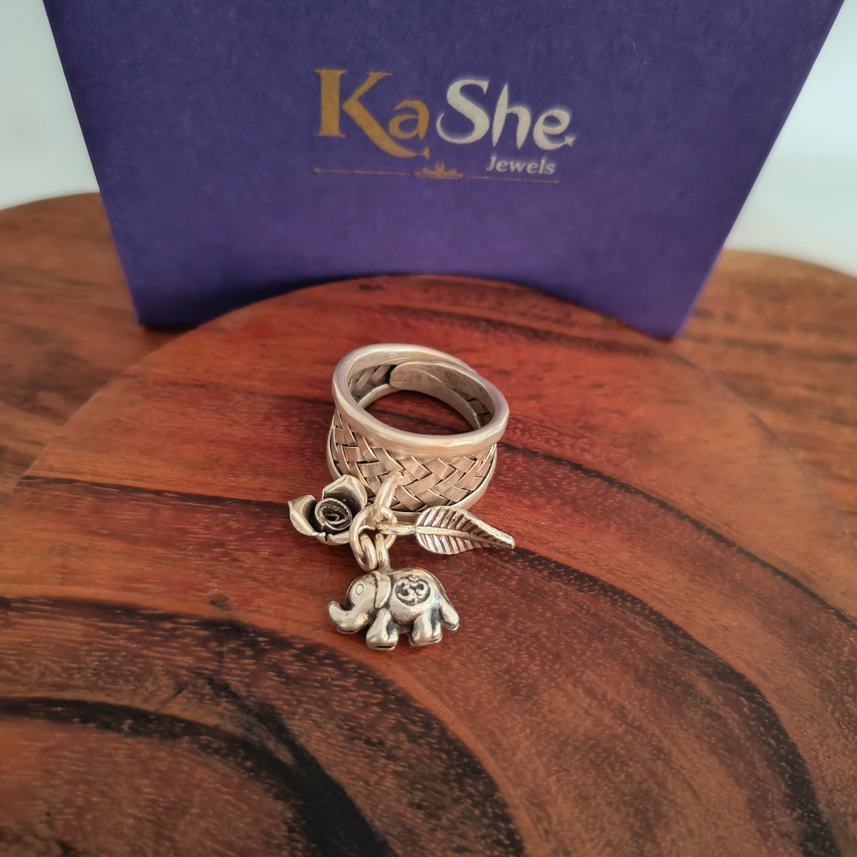 Boho Braided Adjustable Sterling Silver Ring With Elephant Flower Rose Leaf Charms