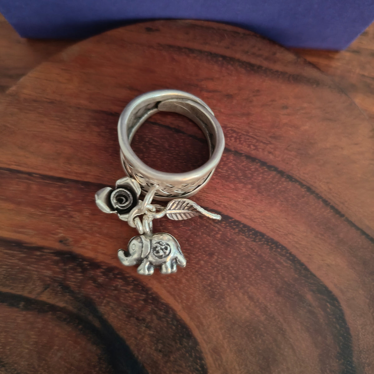 Boho Braided Adjustable Sterling Silver Ring With Elephant Flower Rose Leaf Charms