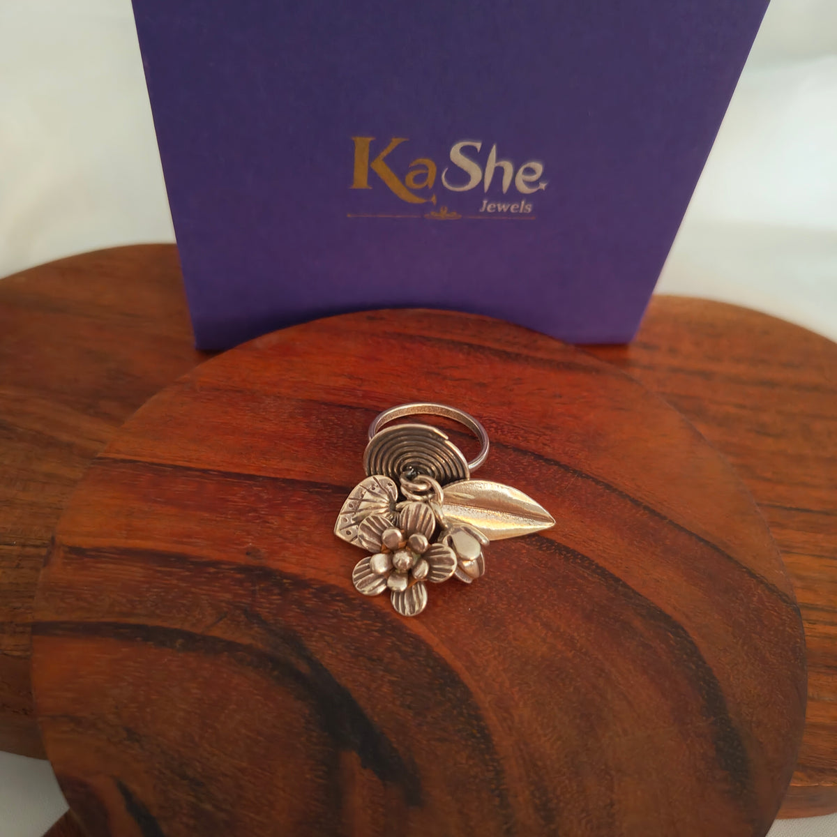 Statement Boho Circle of Life Ring With Charms Fish Flowers Heart Bud And Leaf