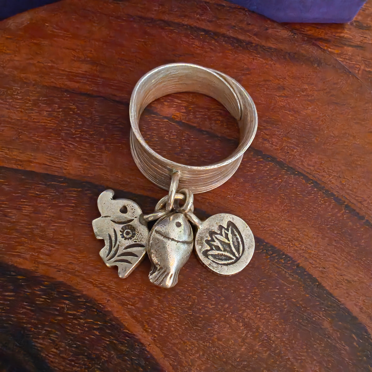Statement Boho Textured Ring With Charms Fish Elephant Lotus