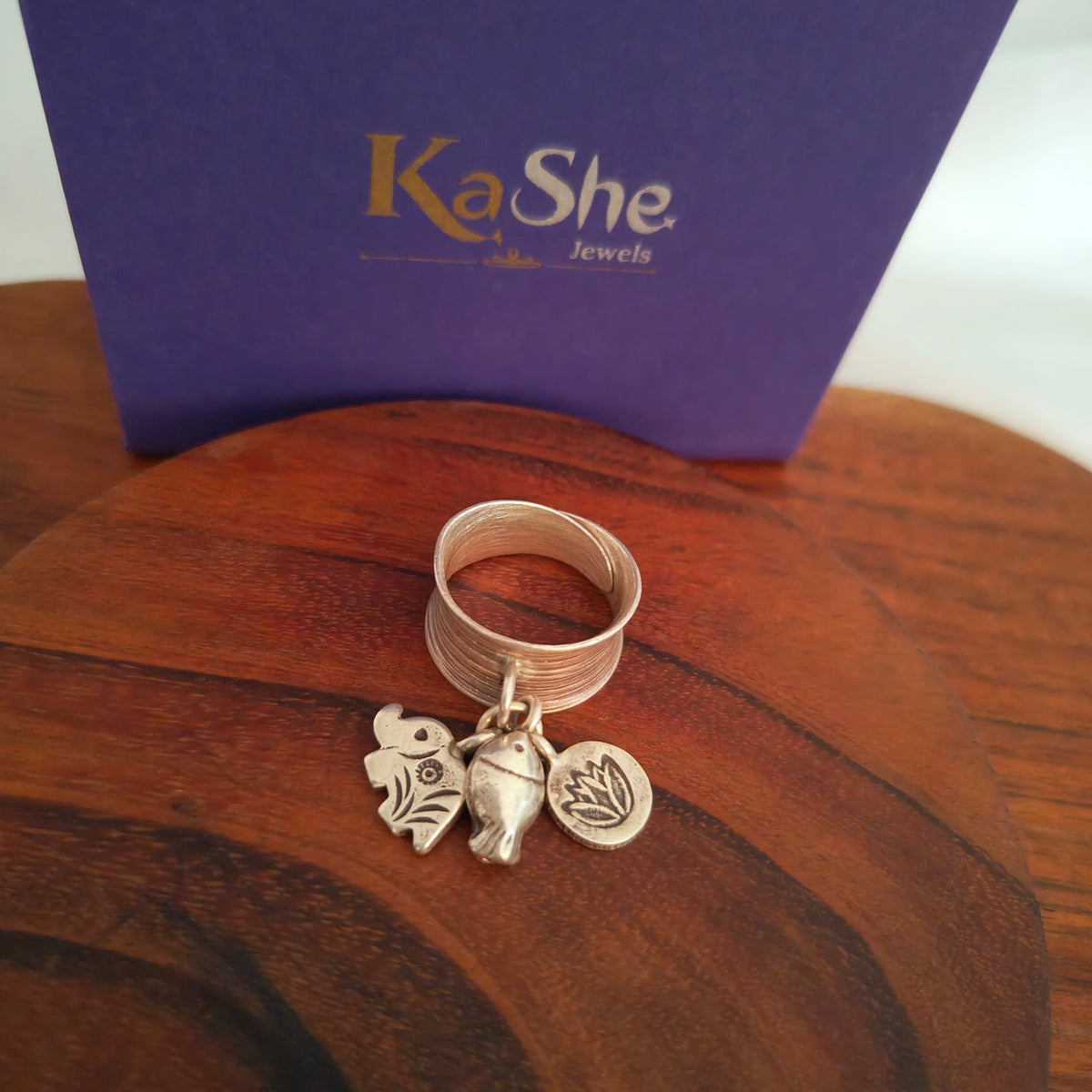 Statement Boho Textured Ring With Charms Fish Elephant Lotus