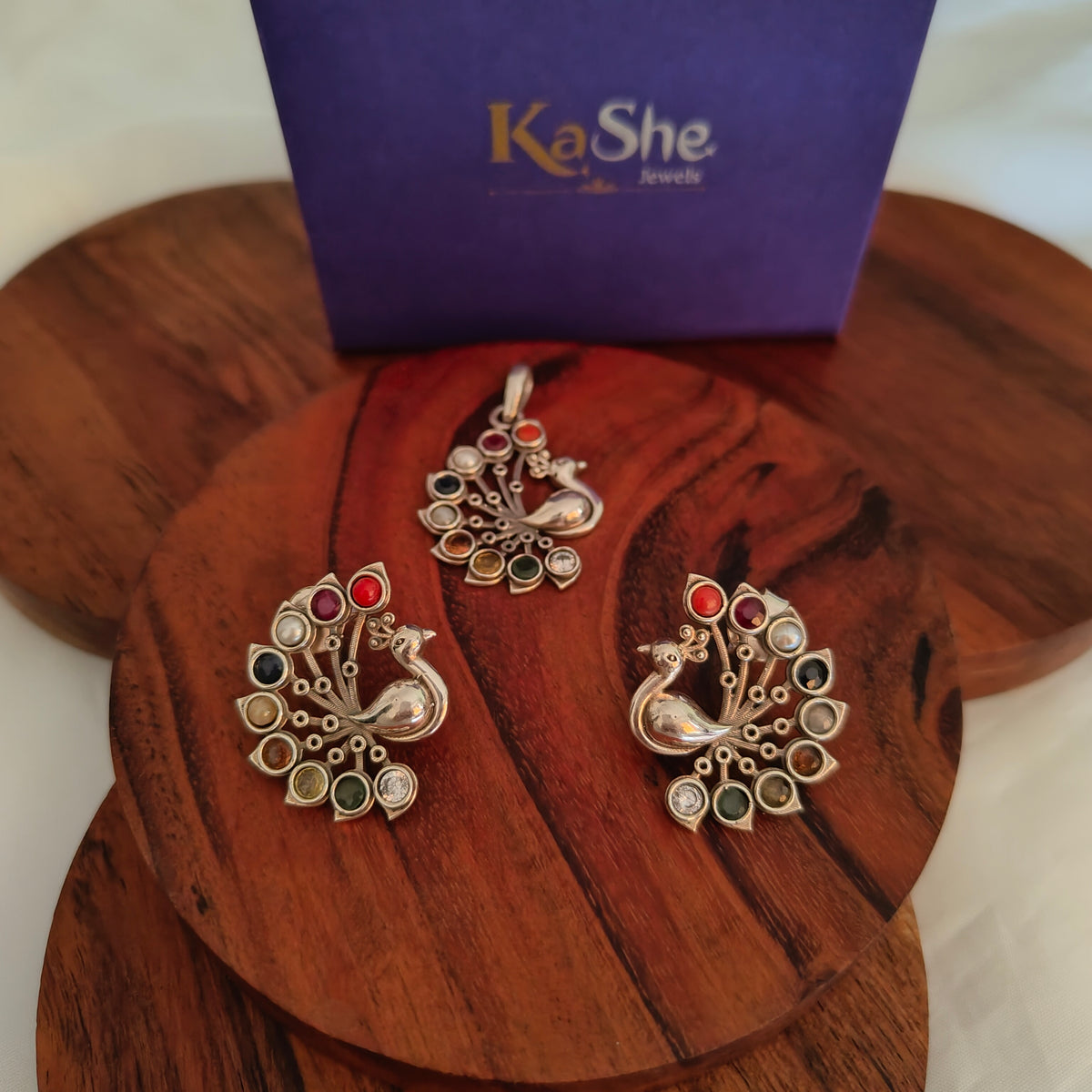 925 Silver Navratan Stones Peacock Exclusive Statement Pendant And Earrings Set