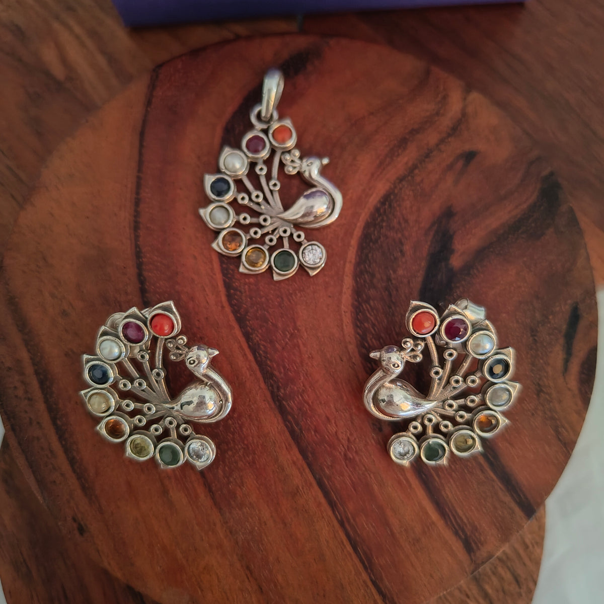 925 Silver Navratan Stones Peacock Exclusive Statement Pendant And Earrings Set