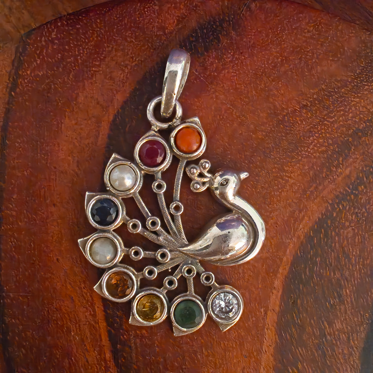 925 Silver Navratan Stones Peacock Exclusive Statement Pendant And Earrings Set