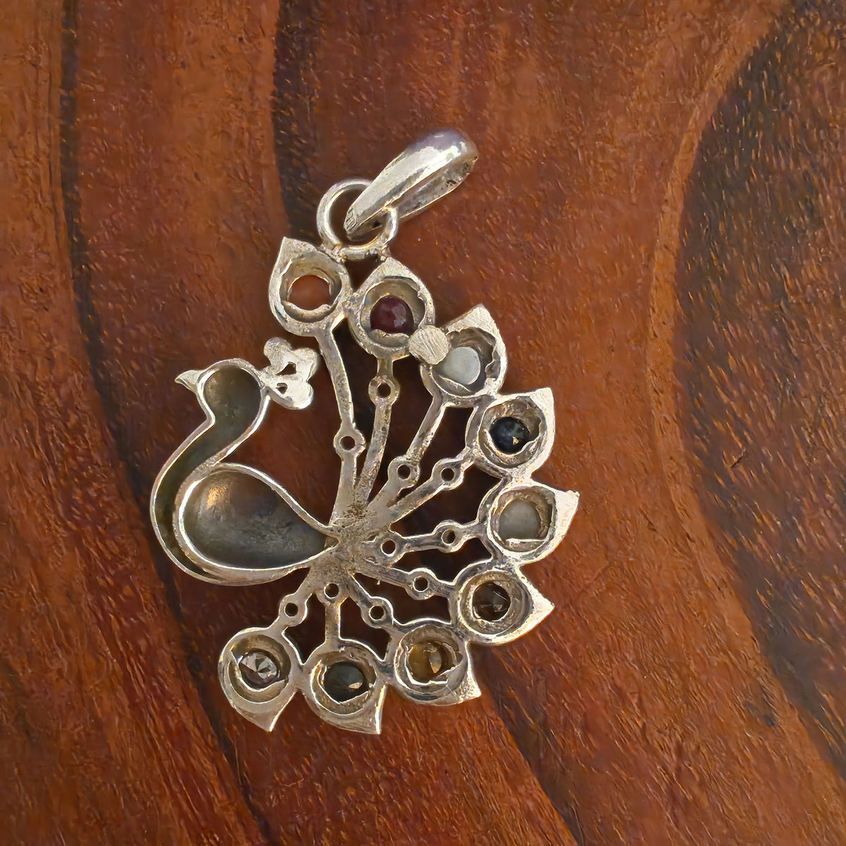 925 Silver Navratan Stones Peacock Exclusive Statement Pendant And Earrings Set