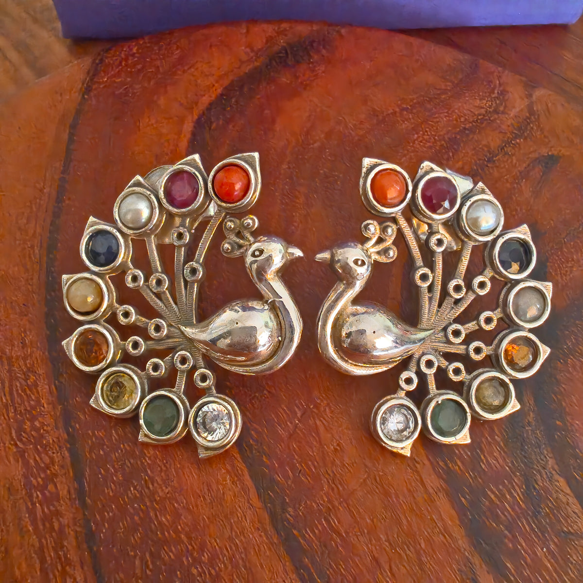 925 Silver Navratan Stones Peacock Exclusive Statement Pendant And Earrings Set