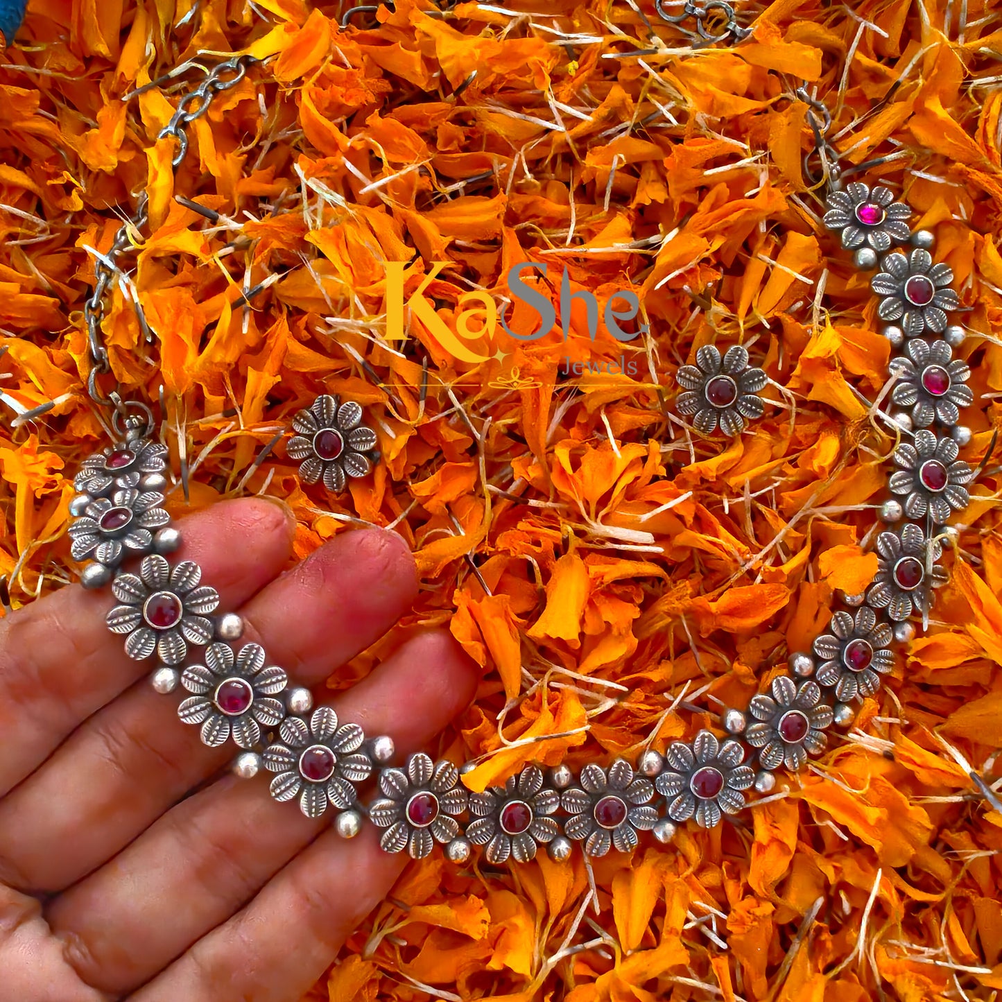 925 Silver Choker Temple Necklace Set With Intricate Design Red Stone And Matching Stud  Earrings