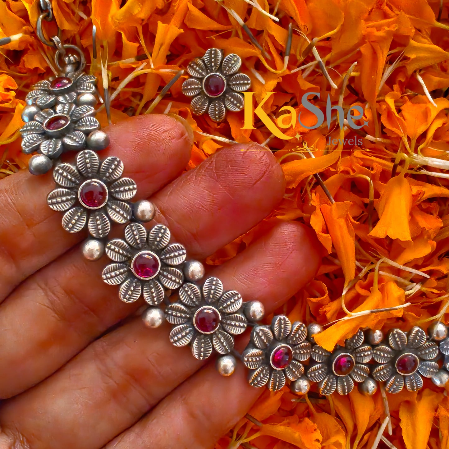 925 Silver Choker Temple Necklace Set With Intricate Design Red Stone And Matching Stud  Earrings