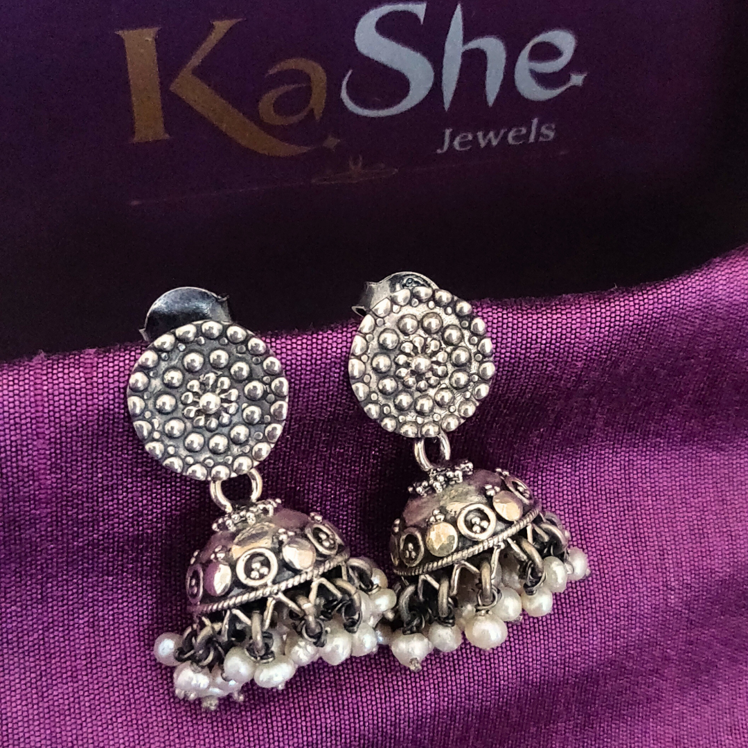 Everyday Wear 925 Silver Dotted Flower Stud Pearl jhumka