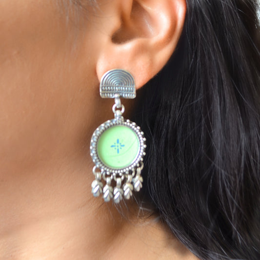 925 Silver Half Moon Stud With Handpainted Green Glass & Dangler