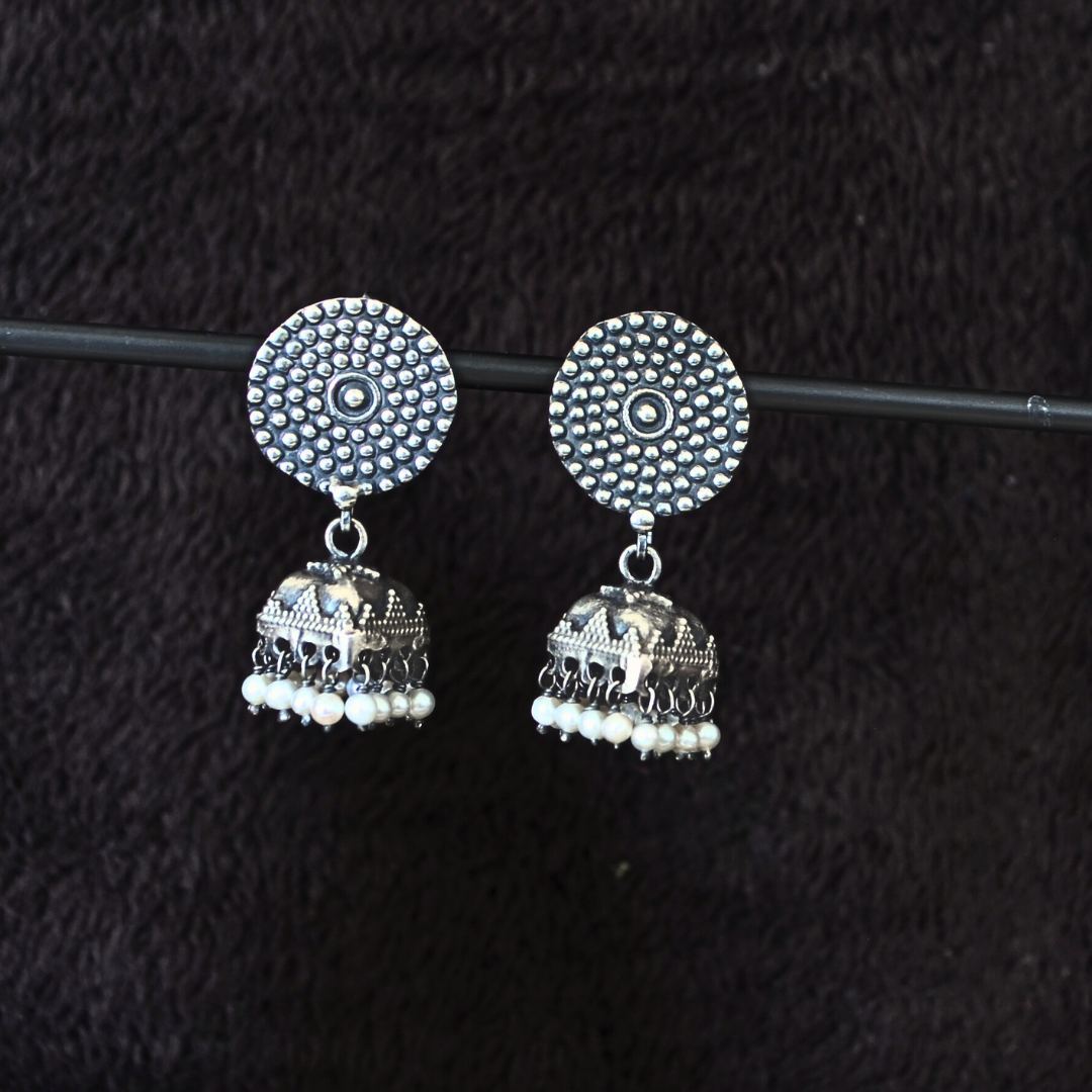 925 Silver Big Floral Stud  With Dome Jhumka & Pearl Danglers