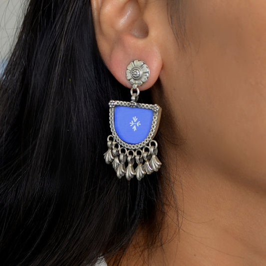 925 Silver Flower Studs With Blue Color Handpainted Glass & Dangler