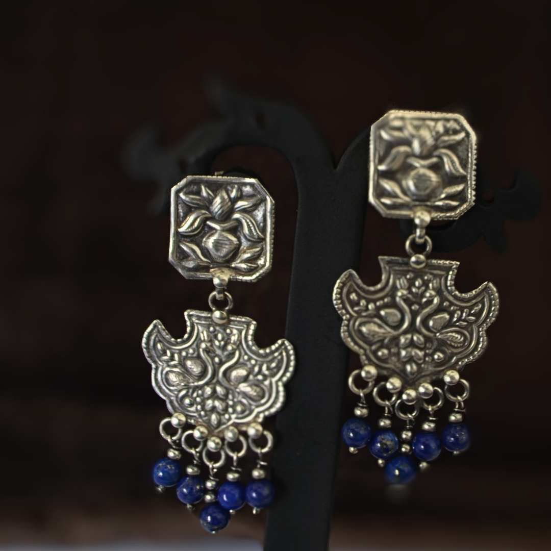 925 Silver Pot Studs With Peacock & Blue  Dangler