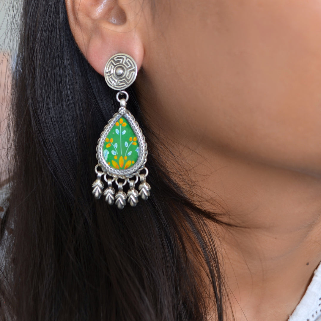 925 Silver Flower Stud With Green Color Handpainted Glass & Danglers