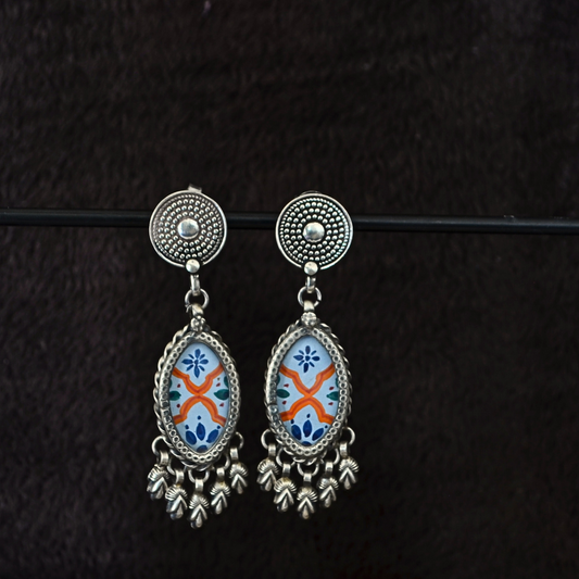 925 Silver Circular Stud  With Blue Orange Handpainted Glass With Danglers