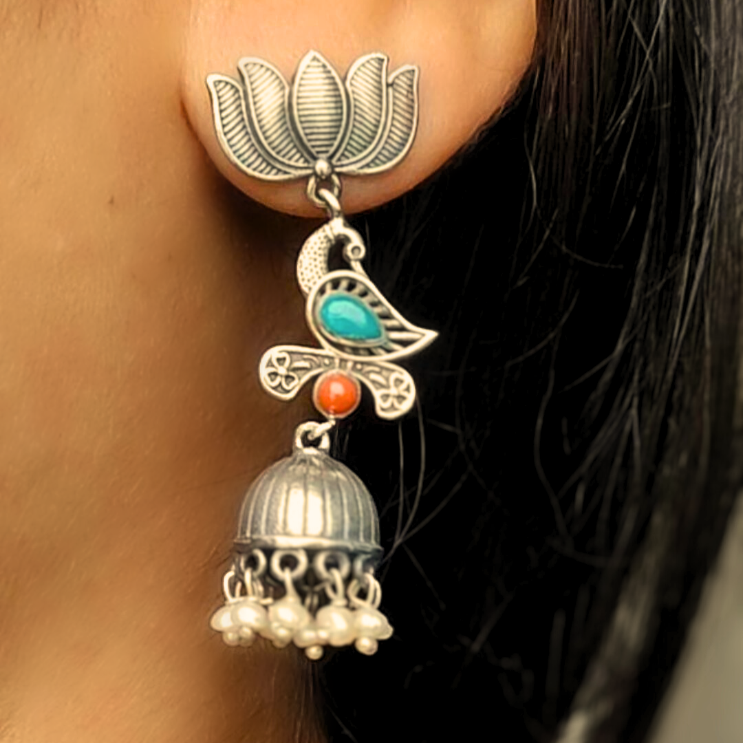 Turquoise Lotus Bird Coral 92.5 Silver Jhumka  & Pearl Danglers