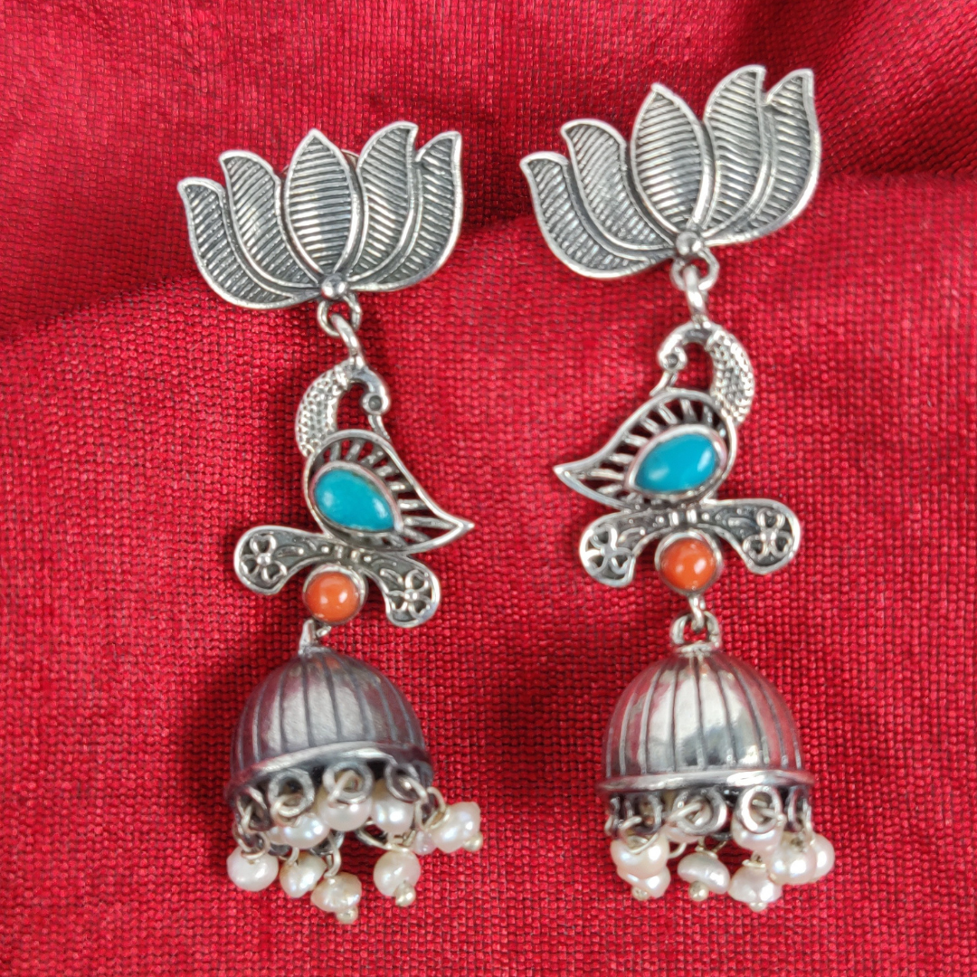 Turquoise Lotus Bird Coral 92.5 Silver Jhumka  & Pearl Danglers