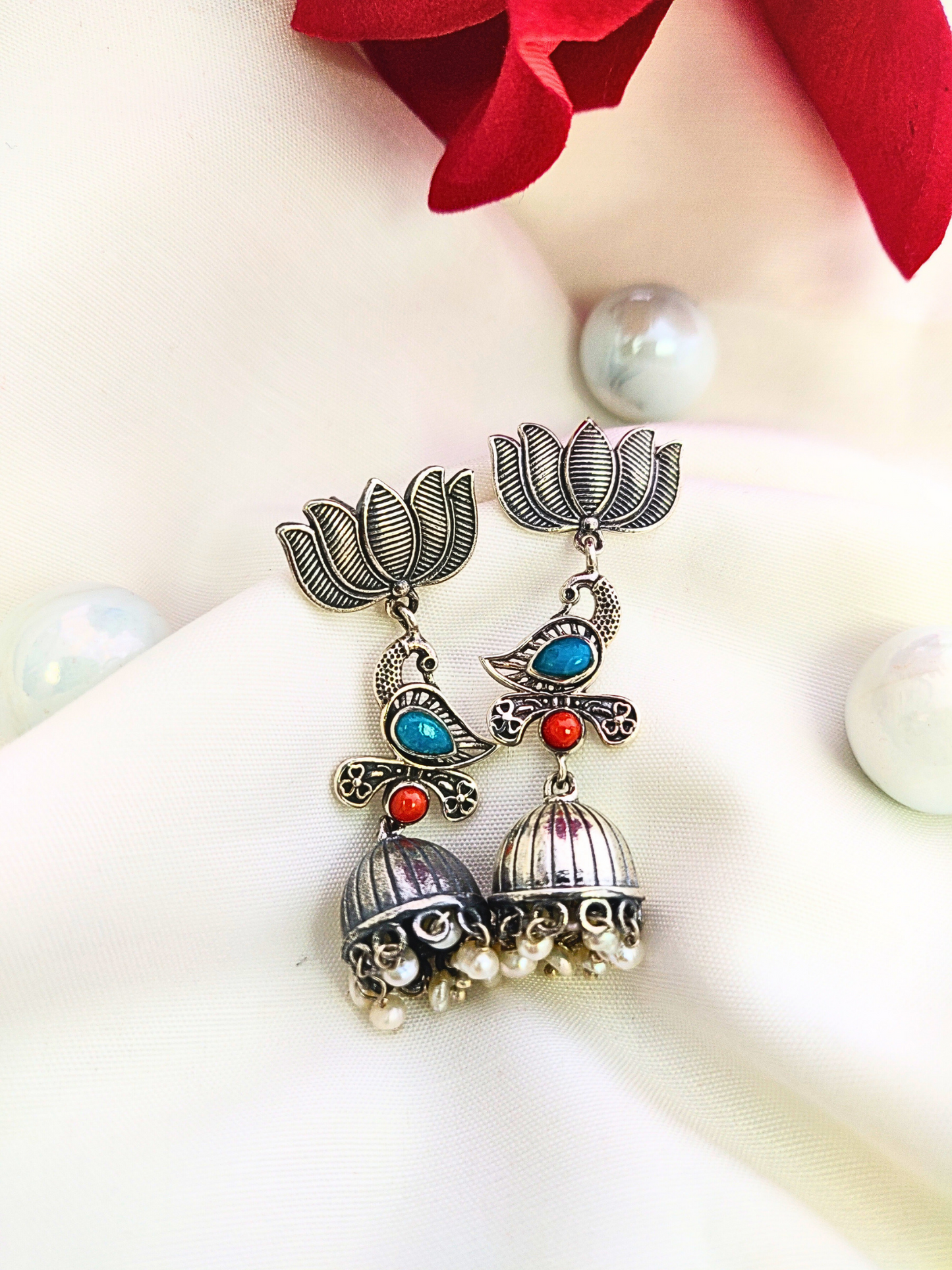 Turquoise Lotus Bird Coral 92.5 Silver Jhumka  & Pearl Danglers