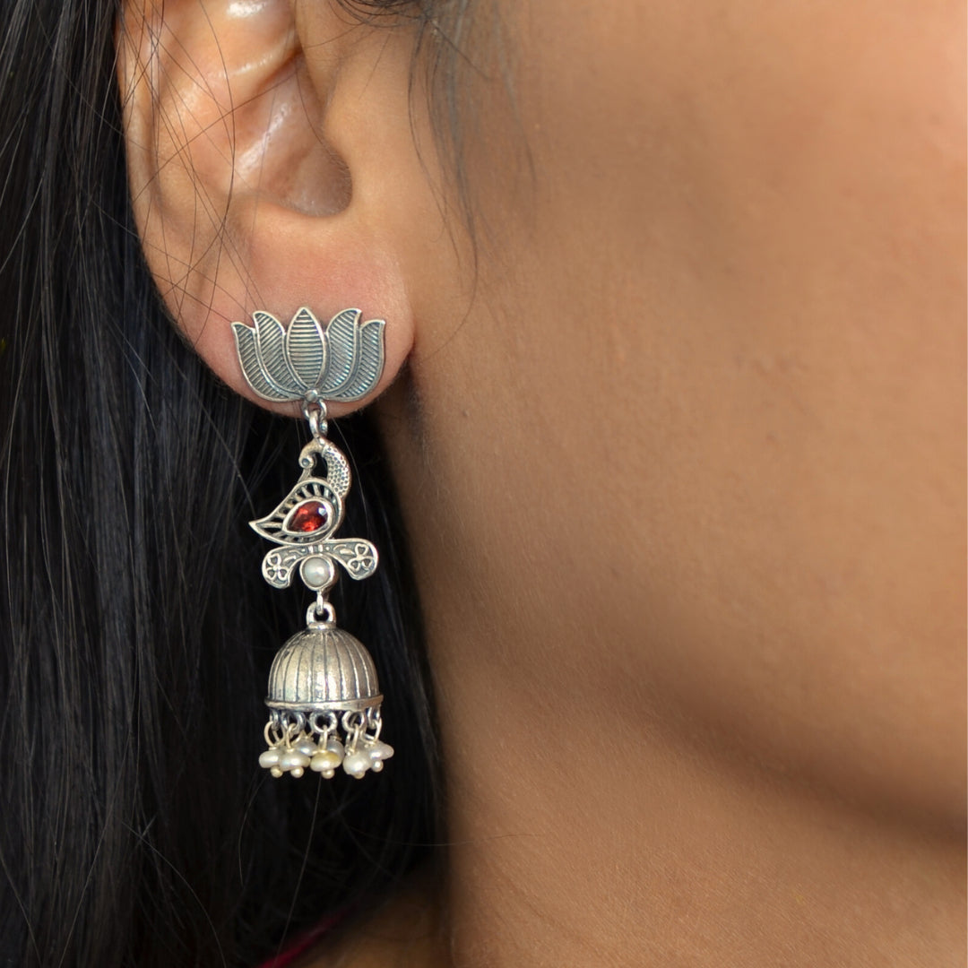 Red White Lotus Bird 925 Silver Jhumka  & Pearl Danglers