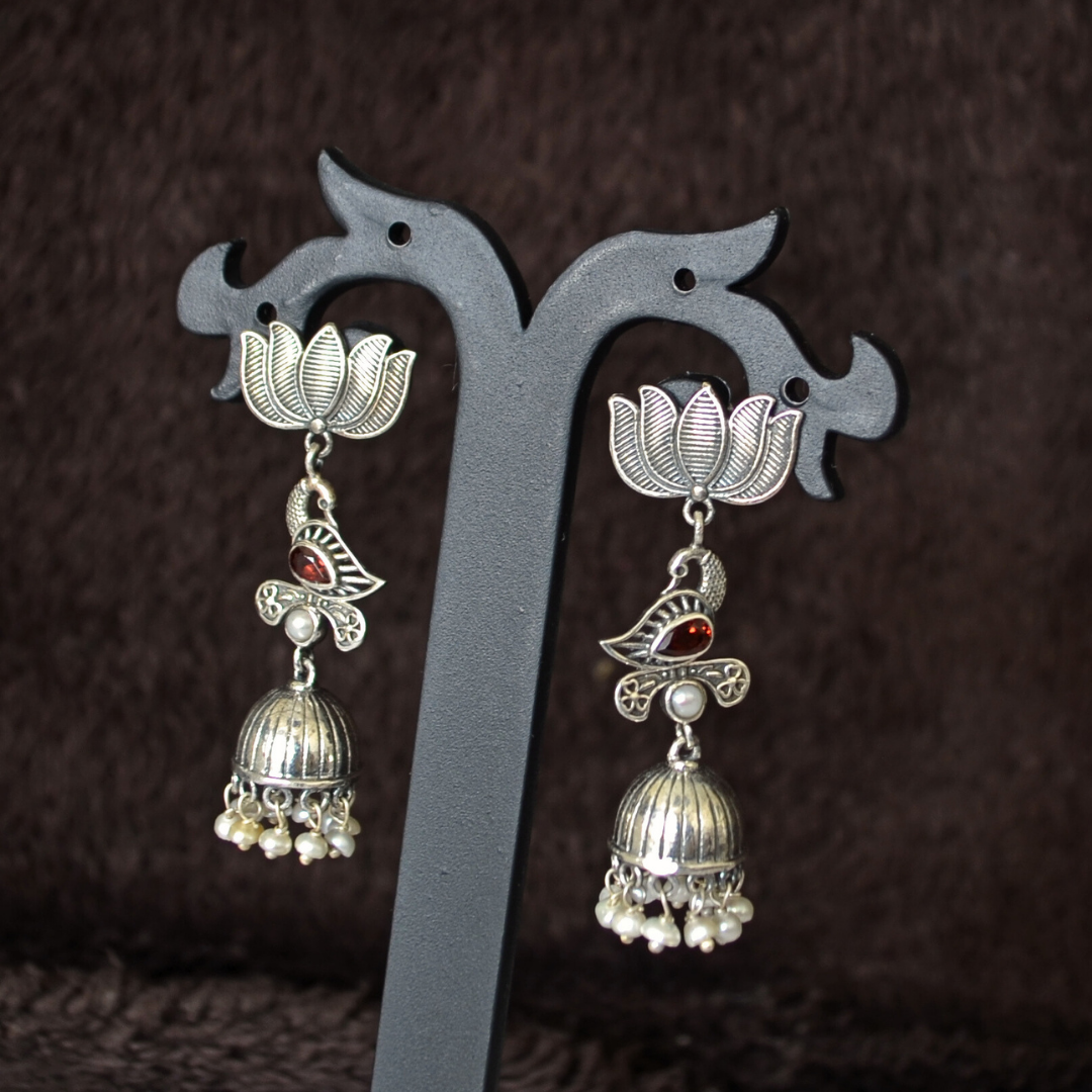 Red White Lotus Bird 925 Silver Jhumka  & Pearl Danglers