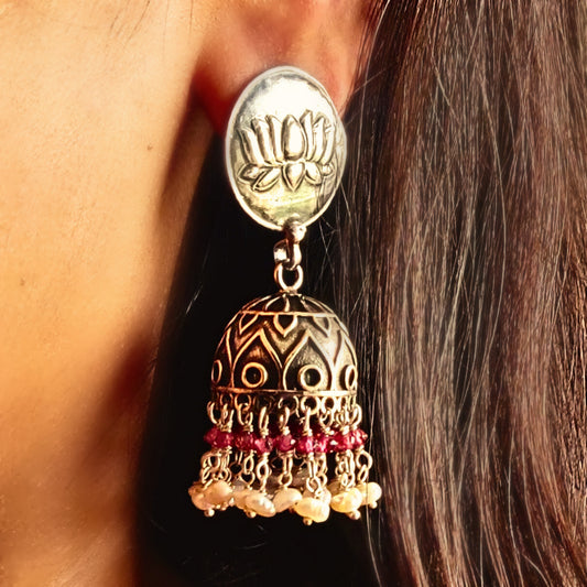 925 Silver Lotus Stamped Statement Jhumka with Pearl & Ruby Danglers