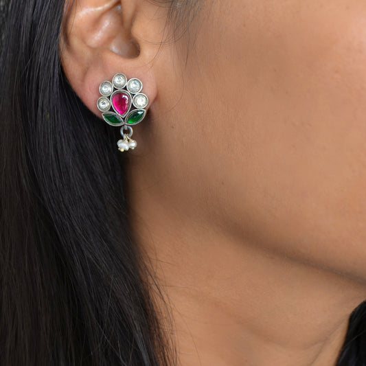 Silver Fusion Kundan Floral with Leaves and Pearl Drop Studs