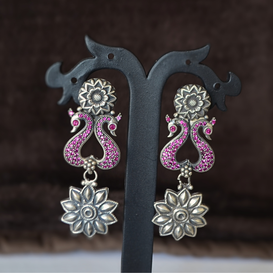 Temple 925 Silver Flower Studs with Pink Peacock Flower Dangler