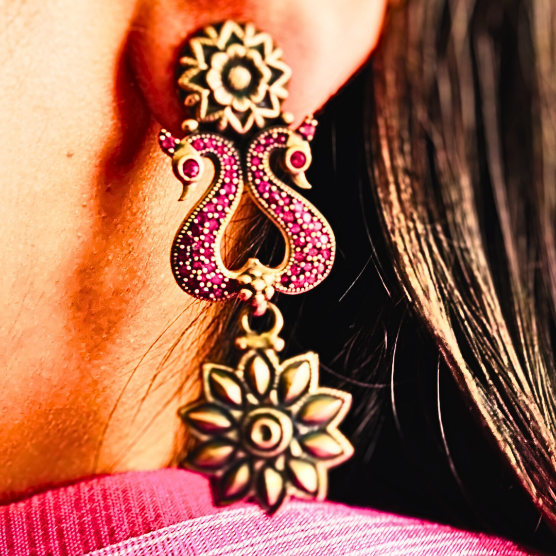 Temple 925 Silver Flower Studs with Pink Peacock Flower Dangler