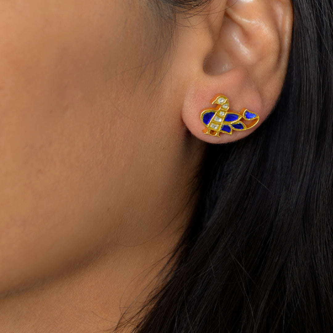 Gold Polished Blue And White Fusion Silver Peacock Stud