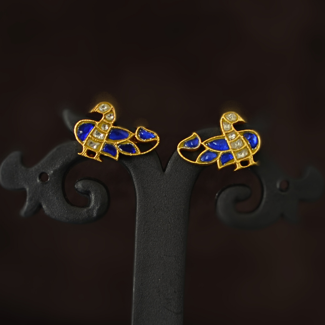 Gold Polished Blue And White Fusion Silver Peacock Stud