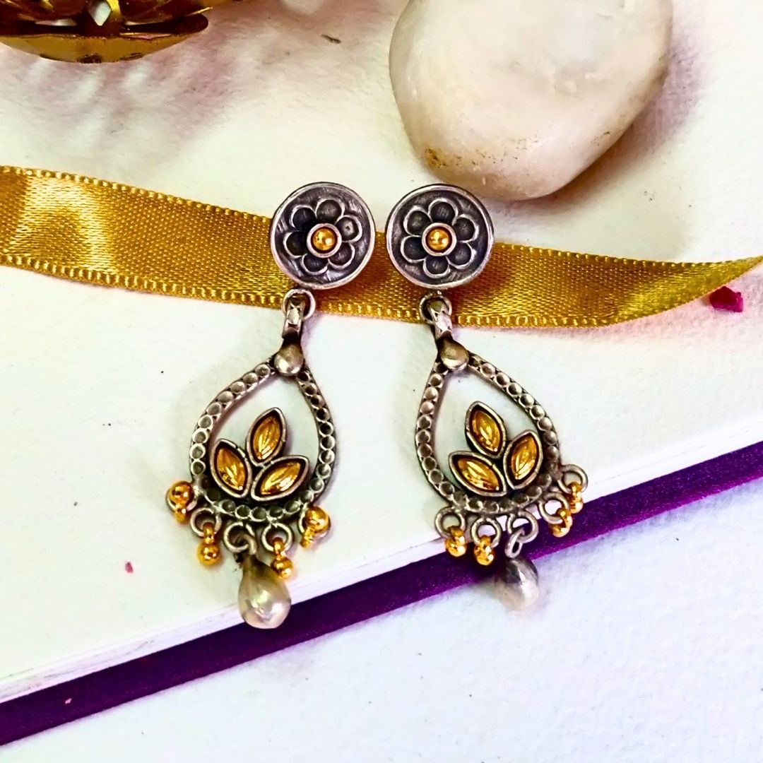 Dual Toned Gold Plated Floral Stud with Leaf shaped Chandbali Silver Danglers