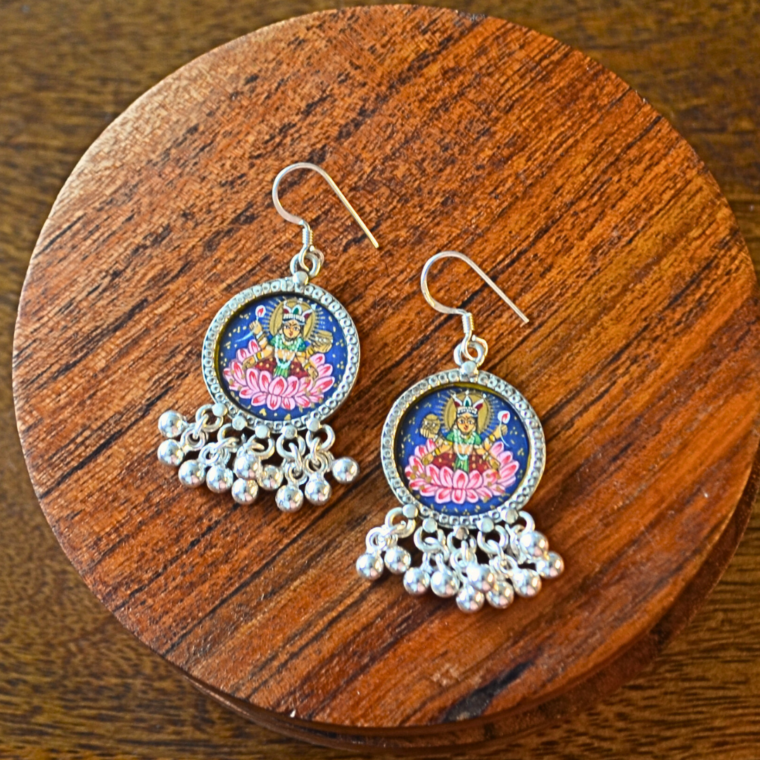 Goddess Lakshmi Hand Painted Hook Earrings with Silver Ball Danglers