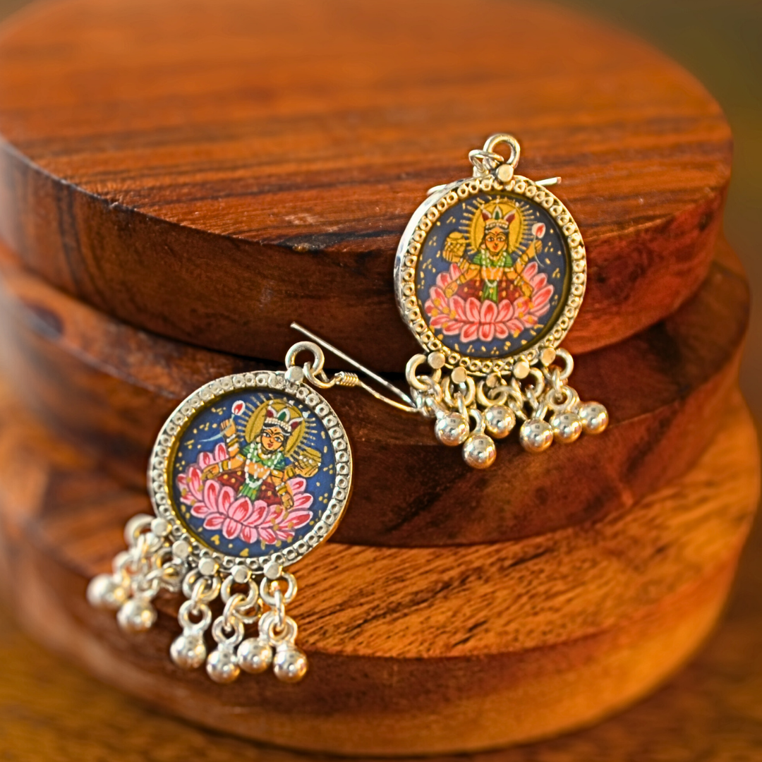 Goddess Lakshmi Hand Painted Hook Earrings with Silver Ball Danglers