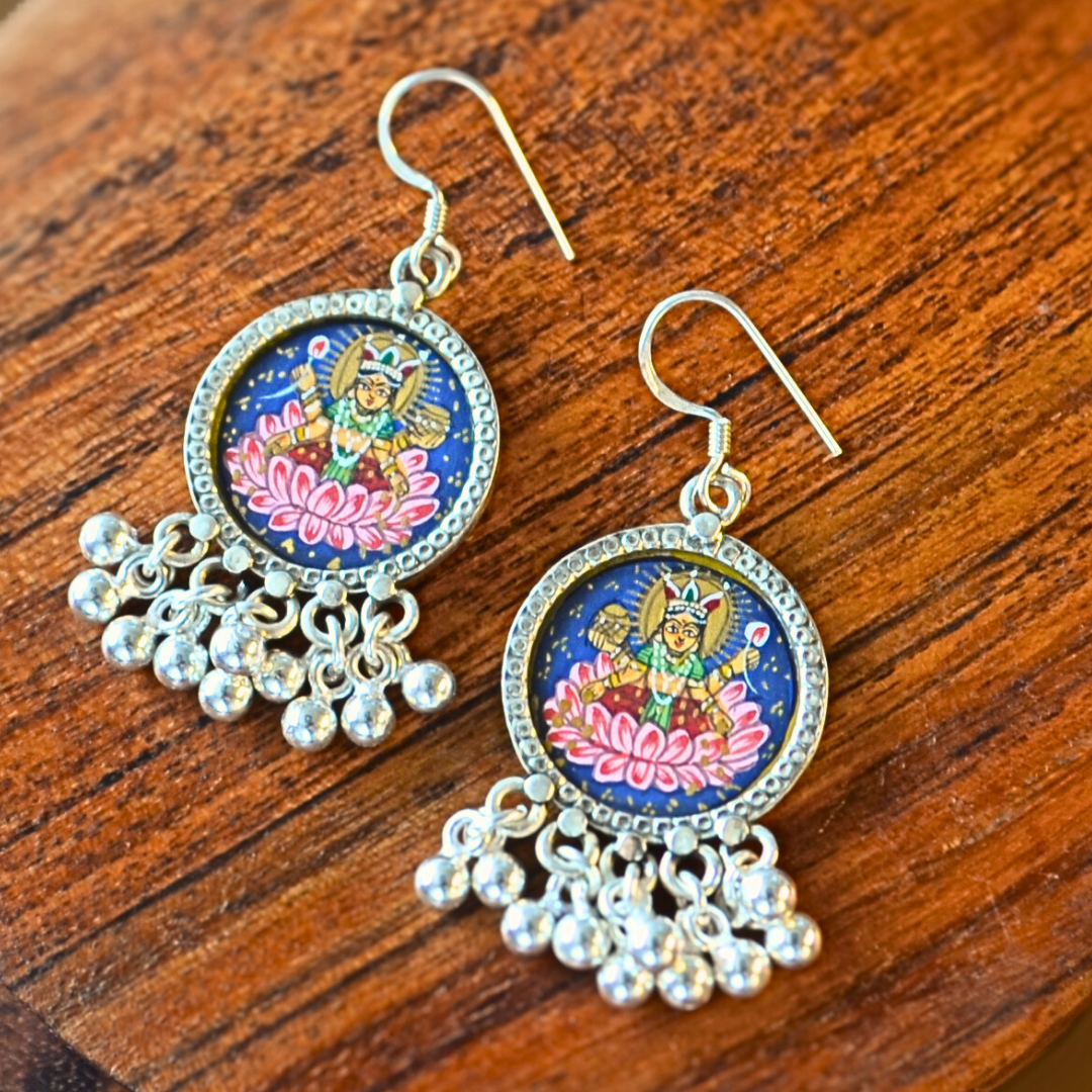 Goddess Lakshmi Hand Painted Hook Earrings with Silver Ball Danglers