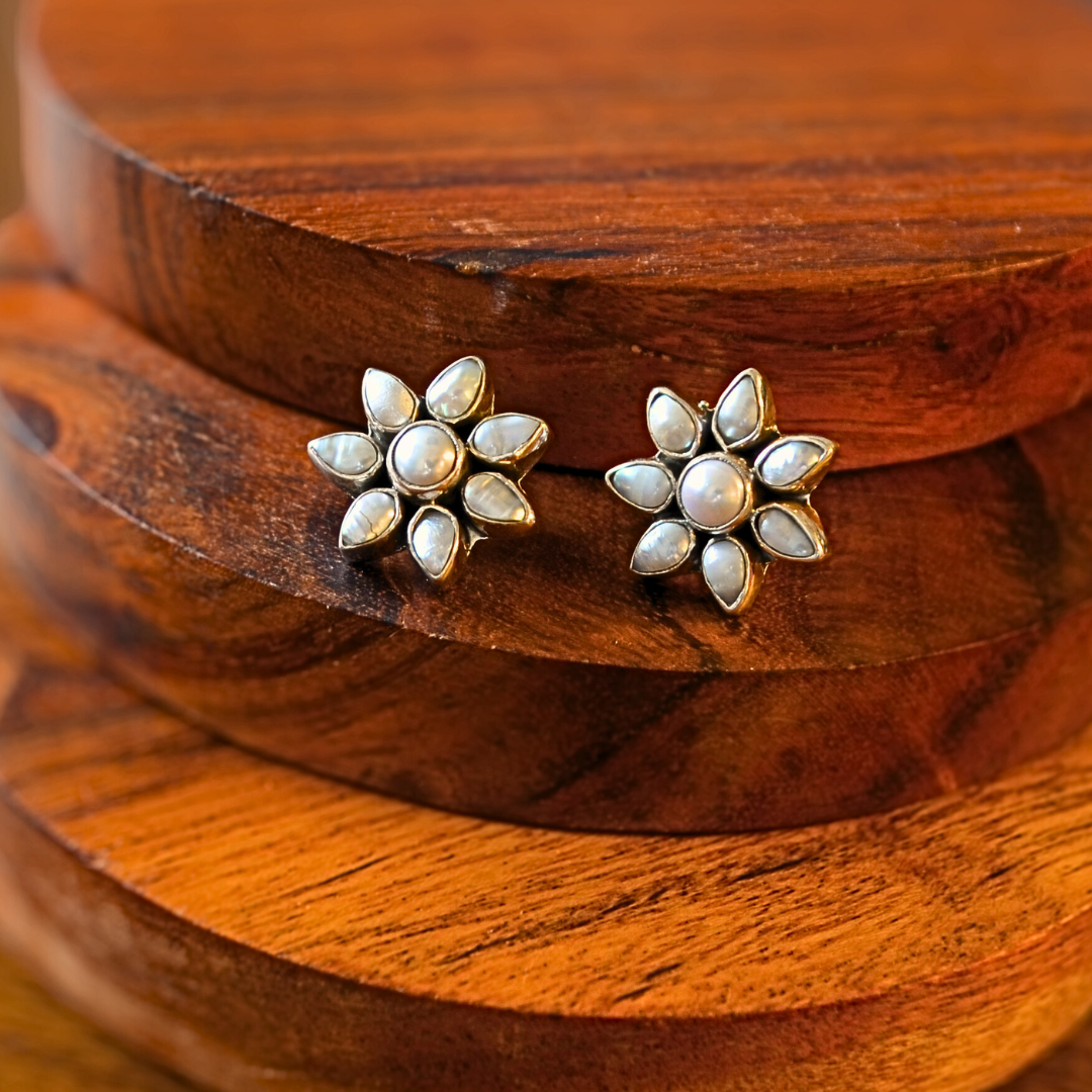 Classic Silver Cut Pearl Floral Stud