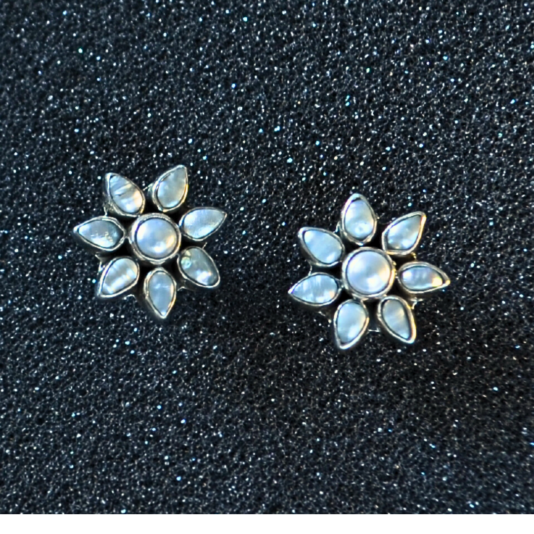 Classic Silver Cut Pearl Floral Stud