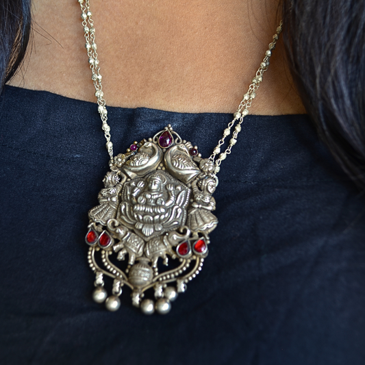 Temple Necklace with intricately carved Godess Lakshmi Pendant with Double Layered Ball Chain