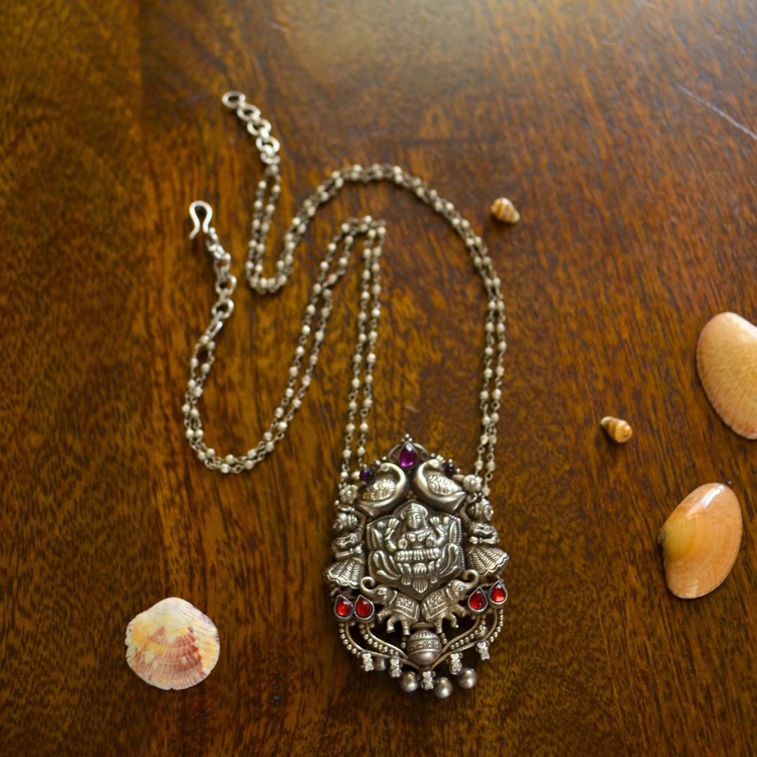 Temple Necklace with intricately carved Godess Lakshmi Pendant with Double Layered Ball Chain