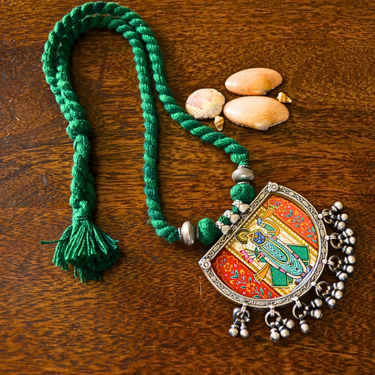 Shreenathji Hand Painted Pendant with Silver Ball Danglers and Green Thread Dori Necklace