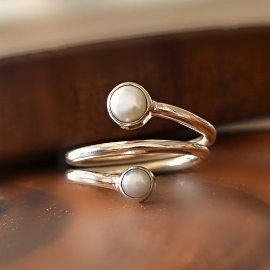 Classic 925 Silver Spiral Ring with Two Pearls