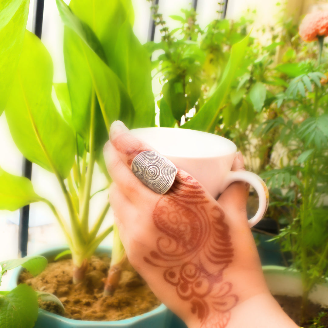 Feather and Rose Textured  Statement Flat Ring