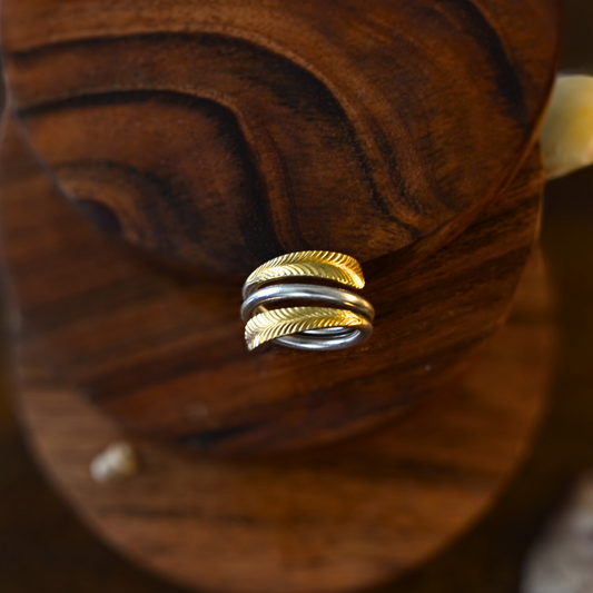 Dual Tone Adjustable Double Spiral Ring With Gold Plating And Leaves Texture