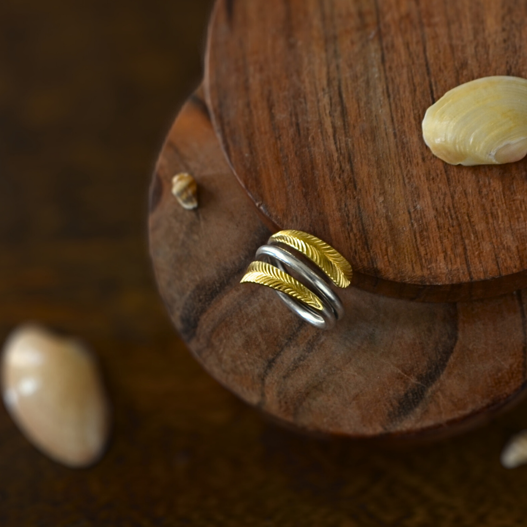 Dual Tone Adjustable Double Spiral Ring With Gold Plating And Leaves Texture