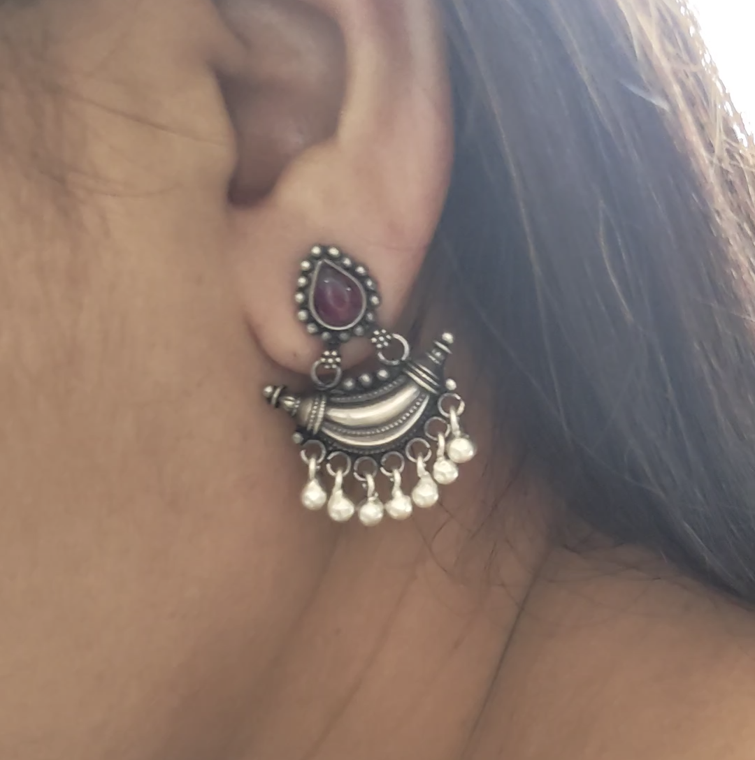 925 Silver Red Stone Pear Stud One Chand Dangler Temple Earrings With Intricate carvings Pearl Drops