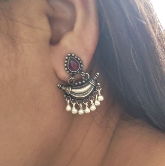 925 Silver Red Stone Pear Stud One Chand Dangler Temple Earrings With Intricate carvings Pearl Drops
