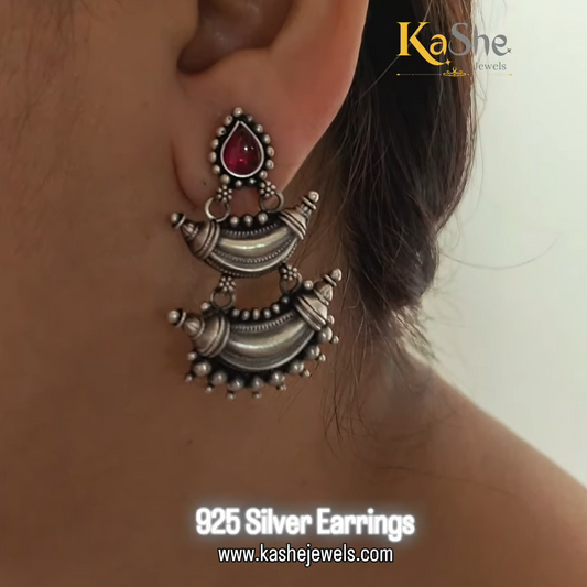925 Silver Red Stone Pear Stud Two Chand Dangler Temple Earrings With Intricate carvings