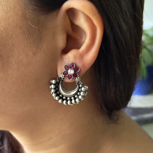 925 Silver Red Stone Flower Stud One Chand Dangler Temple Earrings With Intricate Ball Carvings