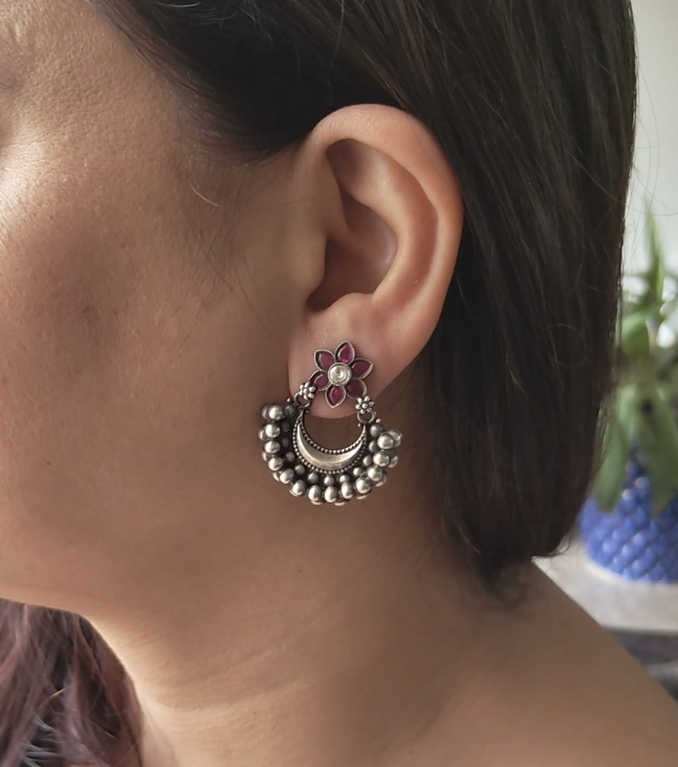 925 Silver Red Stone Flower Stud One Chand Dangler Temple Earrings With Intricate Ball Carvings
